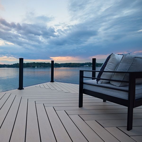 The rooftop of a Trex dock in the color Salt Flat overlooking Lake Wiley.